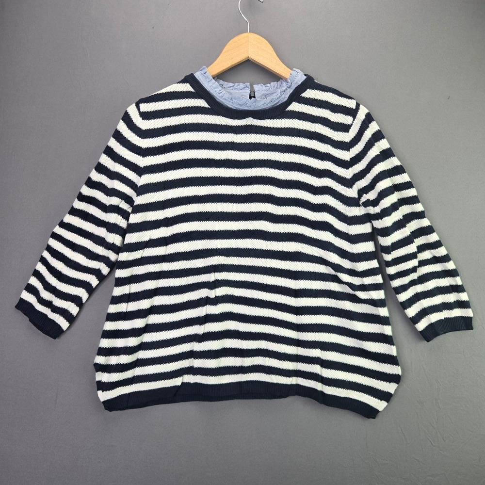 Seraphine Maternity Sweater Striped Ruffle Collar Top Size S Navy White Zip Back